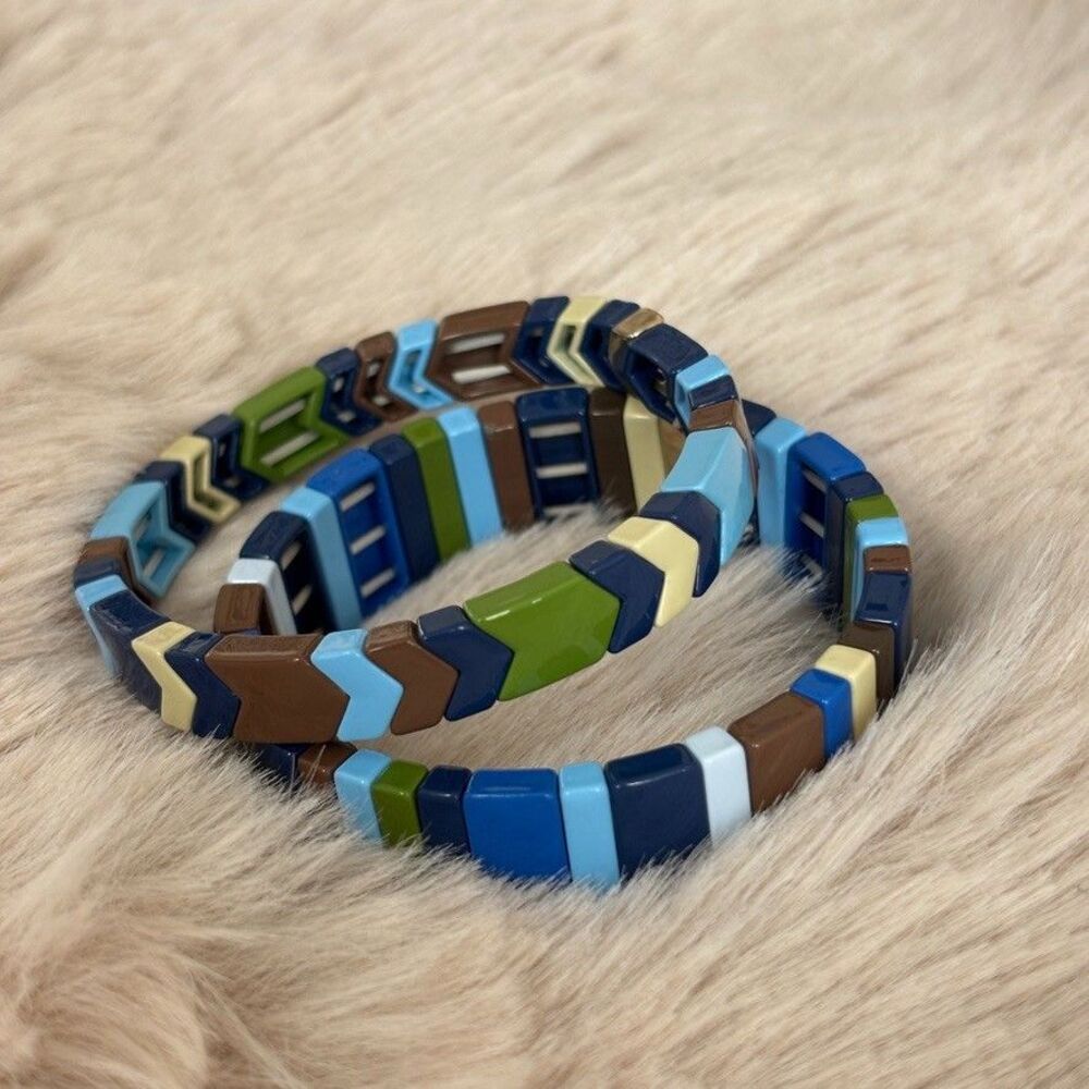 Roxanne Assoulin Enamel Tile Stretch Bracelet Set of 2 Navy Blue Chevron Gold